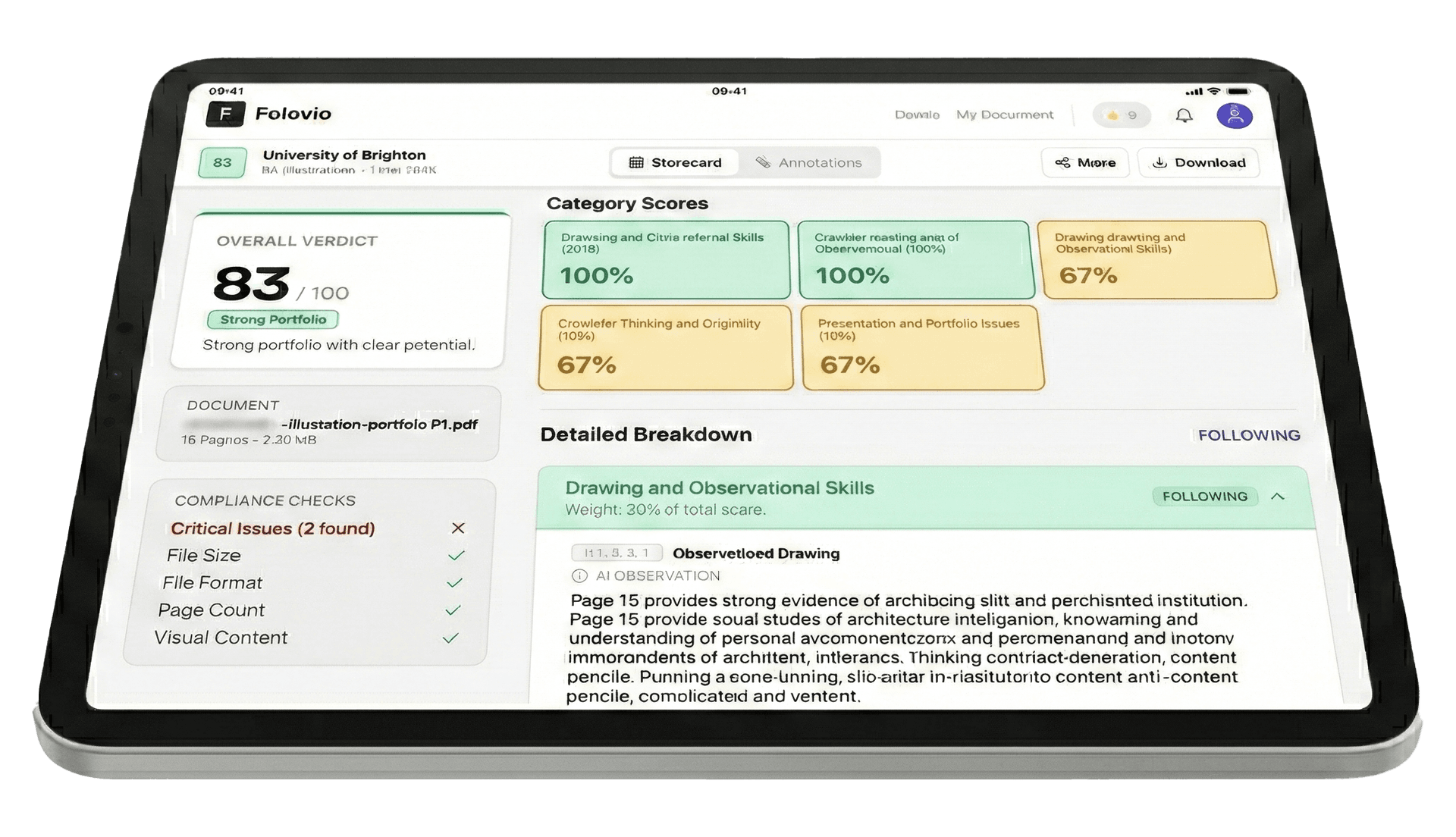 Foliovo portfolio review app shown on iPad
